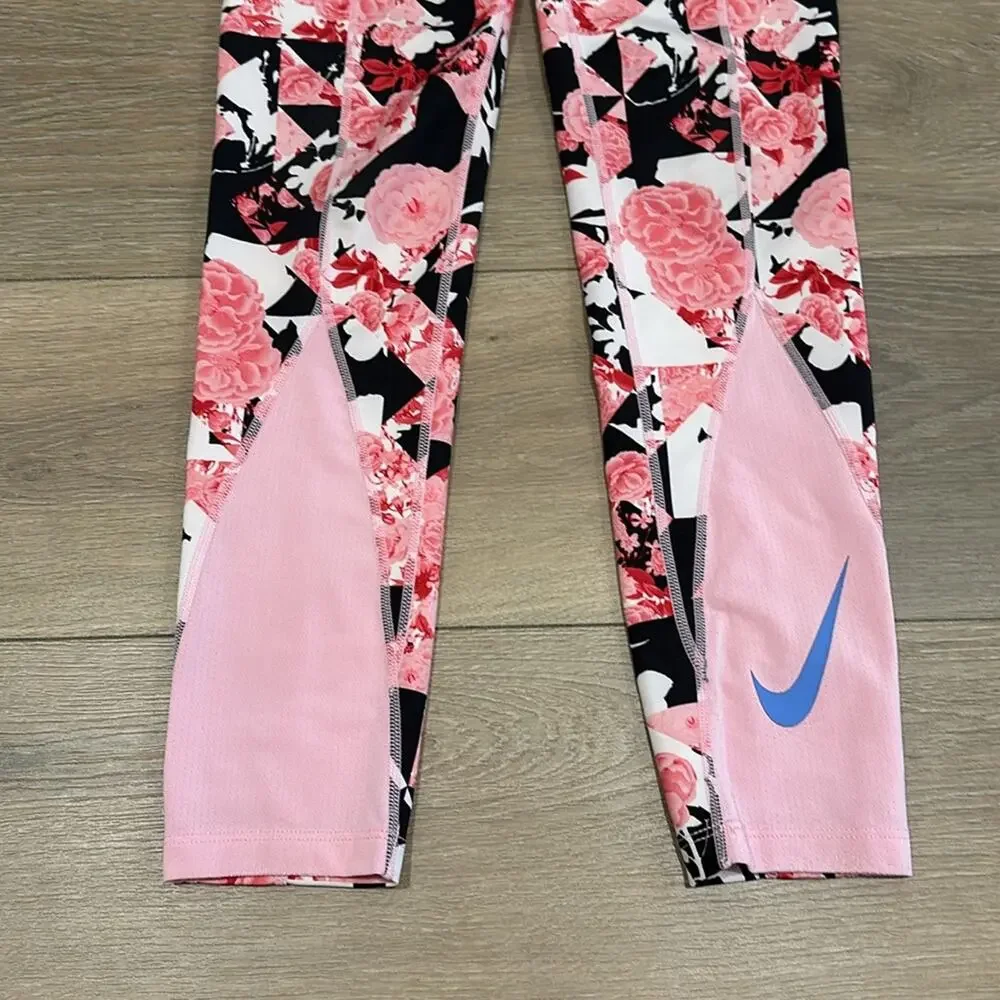NIKE Girls‎ Pink Black Dri-Fit Floral Abstract Printed Tight Fit Leggings Size L